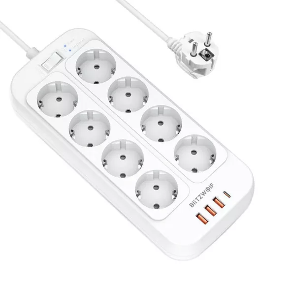 BlitzWolf BW-PC2 konnektor, 8 aljzat + 3x USB, 1x USB-C, 2500W
