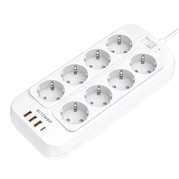 BlitzWolf BW-PC2 konnektor, 8 aljzat + 3x USB, 1x USB-C, 2500W