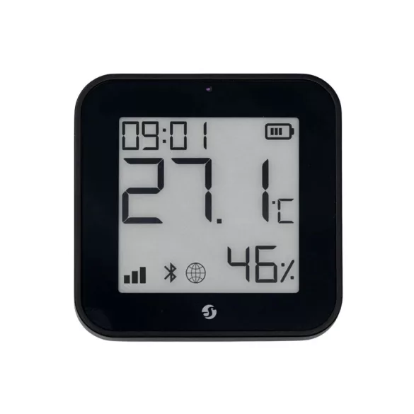 Shelly BLU H&T Display ZB – Hőmérséklet, pára és fény szenzor, e-papír kijelzővel,  Zigbee, Bluetooth, fekete