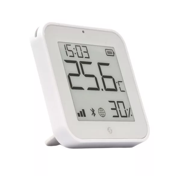 Shelly BLU H&T Display ZB – Hőmérséklet, pára és fény szenzor, e-papír kijelzővel,  Zigbee, Bluetooth, fehér