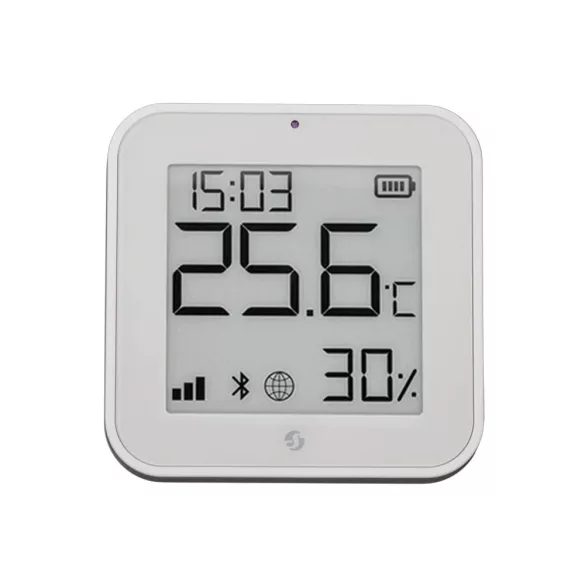 Shelly BLU H&T Display ZB – Hőmérséklet, pára és fény szenzor, e-papír kijelzővel,  Zigbee, Bluetooth, fehér