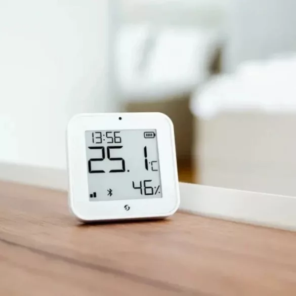 Shelly BLU H&T Display ZB – Hőmérséklet, pára és fény szenzor, e-papír kijelzővel,  Zigbee, Bluetooth, fehér