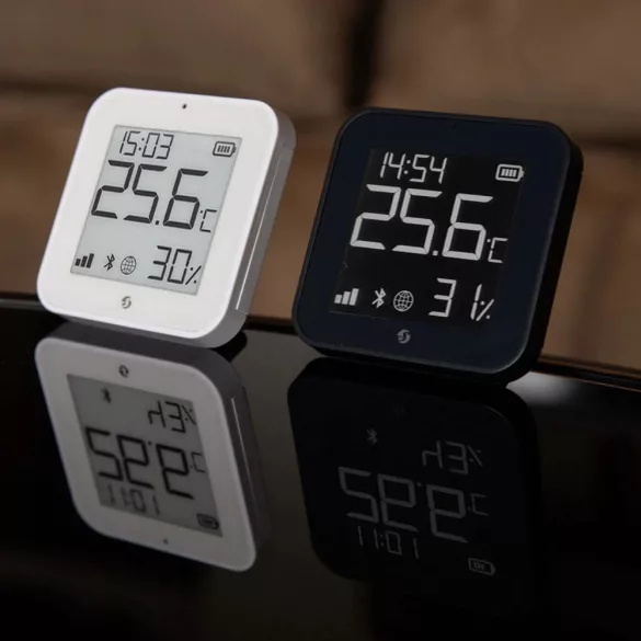 Shelly BLU H&T Display ZB – Hőmérséklet, pára és fény szenzor, e-papír kijelzővel,  Zigbee, Bluetooth, fehér