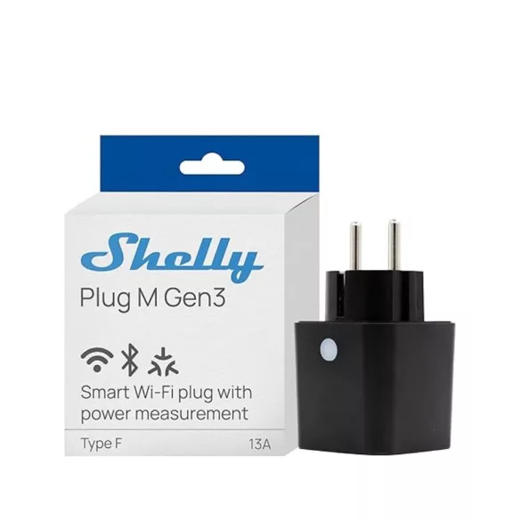 Shelly Plug M Gen3 – Wi-Fi + Bluetooth, Matter kompatibilis, fogyasztásmérős okoskonnektor, fekete
