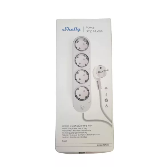 Shelly Power Strip 4 Gen4 –  okos konnektor elosztó négy aljzattal, fogyasztásmérős, Wi-Fi, Zigbee, Matter, fehér 