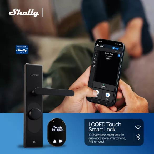 Shelly LOQED – okos zár, Wi-Fi, Bluetooth, fekete