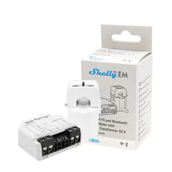 Shelly EM Gen3 – egyfázisú, 2 áramkörös fogyasztásmérő, 1 db 50A áramváltóval, Wi-Fi, Bluetooth