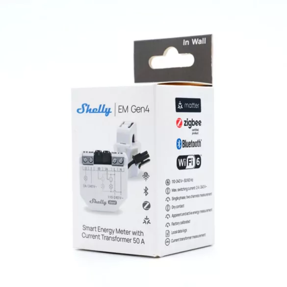 Shelly EM Gen4 –  egyfázisú két áramkörös fogyasztásmérő, 1 db 50A áramváltóval, 2A kontaktorral, Wi-Fi, Bluetooth, Zigbee, Matter (S4EM-002CXCEU)