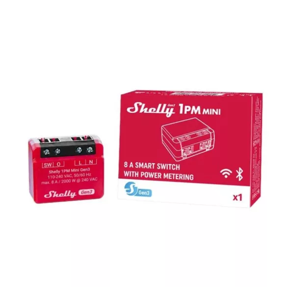 Shelly 1PM Mini Gen3 – egy áramkörös relé, fogyasztásmérés, Wi-Fi, Bluetooth, Matter