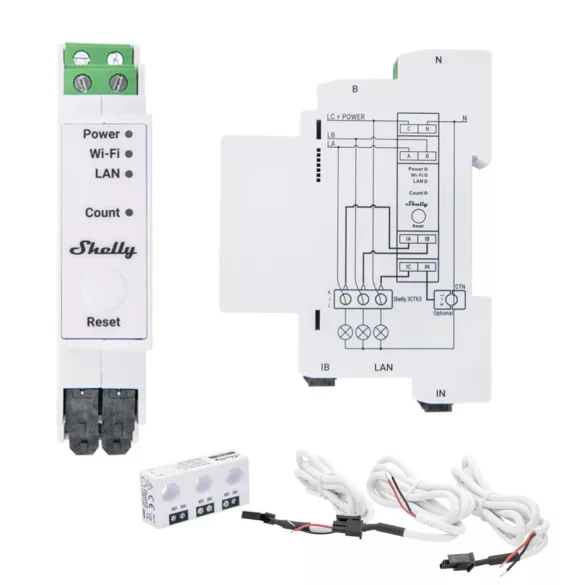 Shelly Pro 3EM 3CT63 – háromfázisú fogyasztásmérő, DIN, Wi-Fi, Bluetooth, Ethernet, Modbus
