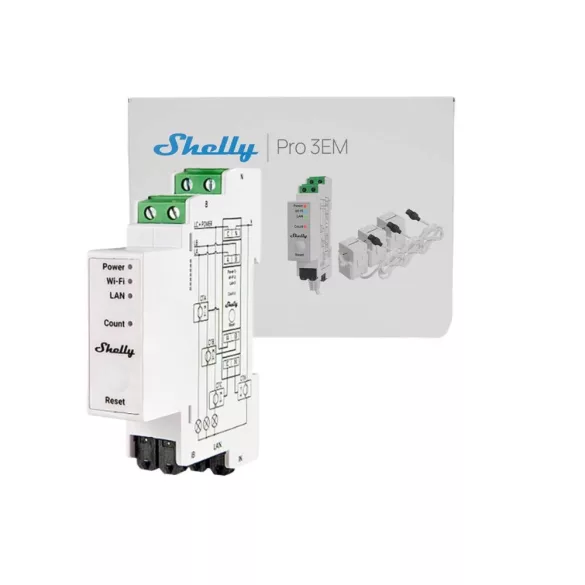Shelly Pro 3EM 120A V2 – fogyasztásmérő, három fázisú, 3 x 120A áramváltóval, Wi-Fi, Ethernet, Matter (SPEM-003CEBEU)