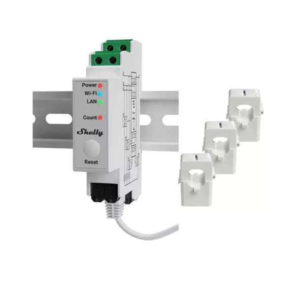 Shelly Pro 3EM 120A V2 – fogyasztásmérő, három fázisú, 3 x 120A áramváltóval, Wi-Fi, Ethernet, Matter (SPEM-003CEBEU)