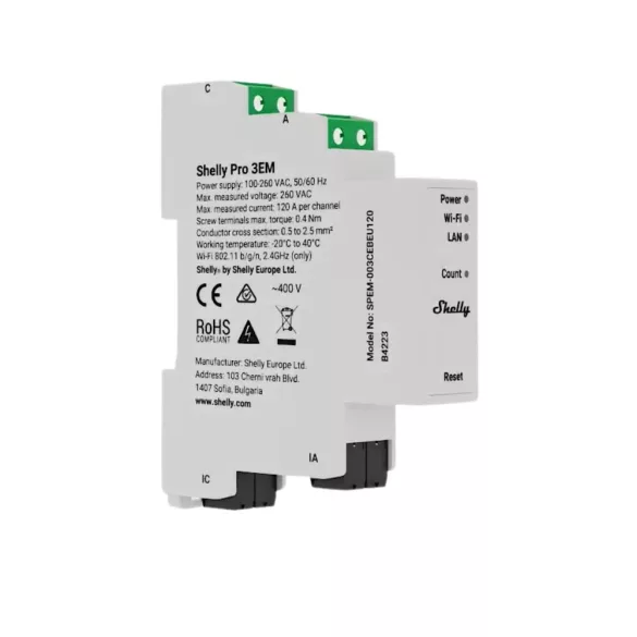 Shelly Pro 3EM 120A V2 – fogyasztásmérő, három fázisú, 3 x 120A áramváltóval, Wi-Fi, Ethernet, Matter (SPEM-003CEBEU)