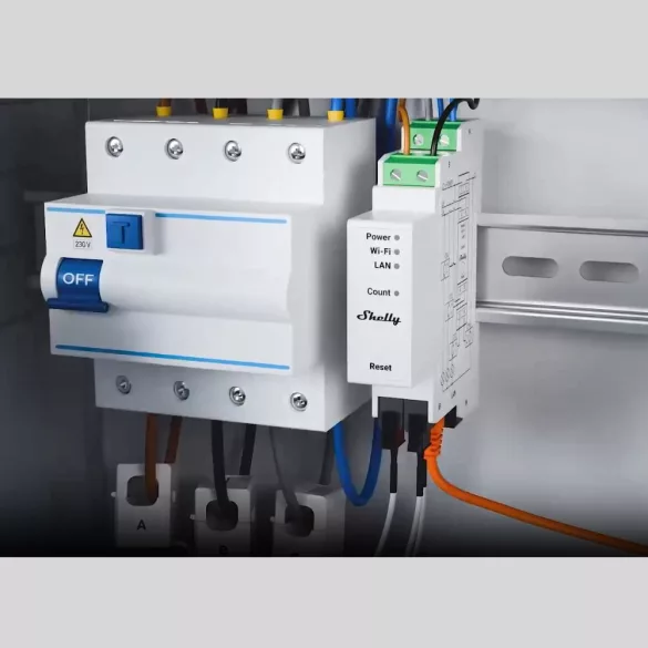 Shelly Pro 3EM 120A V2 – fogyasztásmérő, három fázisú, 3 x 120A áramváltóval, Wi-Fi, Ethernet, Matter (SPEM-003CEBEU)