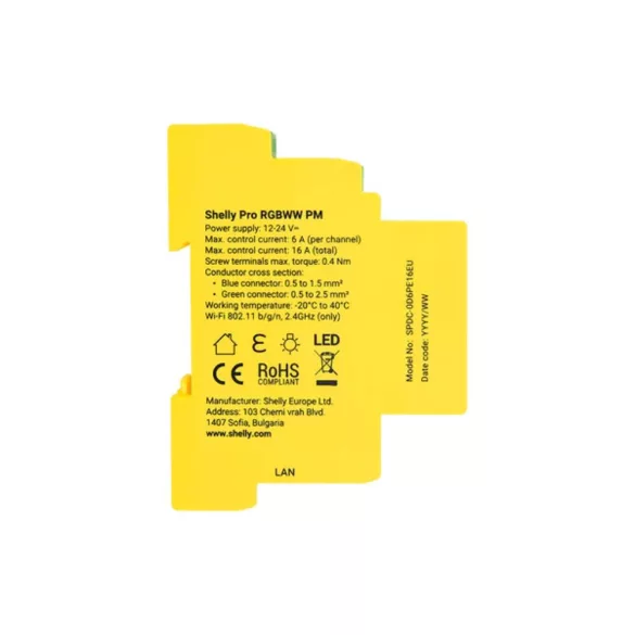 Shelly Pro RGBWW PM – LED vezérlő, DIN, Wi-Fi, Ethernet, Bluetooth