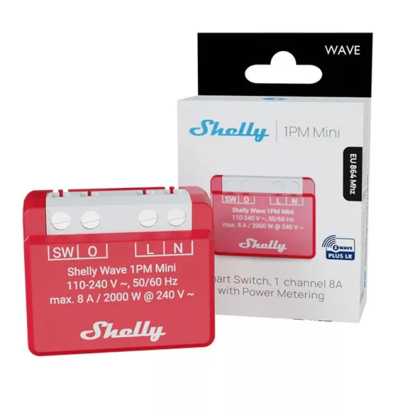 Shelly Qubino Wave 1PM MINI – egy áramkörös relé, fogyasztásmérés, Z-Wave EU Long Range
