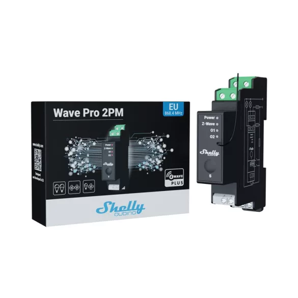 Shelly Qubino Wave Pro 2 PM – két áramkörös relé, DIN, fogyasztásmérés, Z-Wave