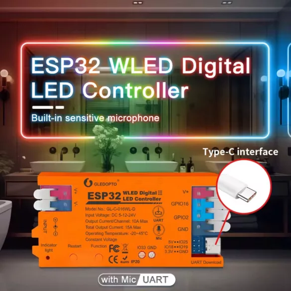 Gledopto WLED digitális LED vezérlő, mikrofonnal, Wi-Fi (GL-C-016WL-D)