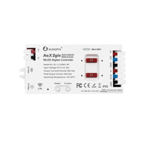 Gledopto AeX2gis – Kétcsatornás, relével és biztosítékkal ellátott WLED vezérlő, Wi-Fi, RF  (GL-C-116WL-RF)