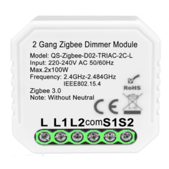 Zigbee 230V csak fázissal működő két áramkörös dimmer, kapcsolóbemenettel