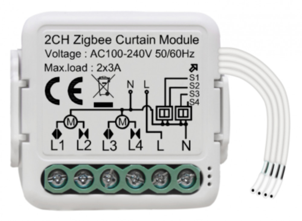 Zigbee 230V két áramkörös függönyvezérlő relé, kapcsolóbemen