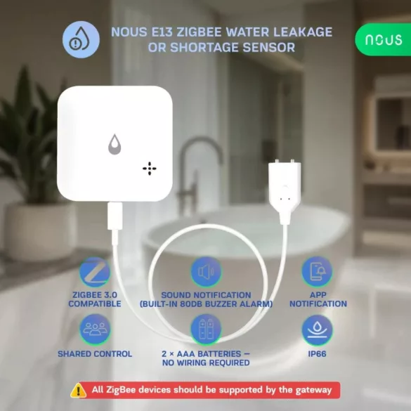 NOUS E13 ZigBee Water leakage or shortage sensor – Vízszivárgás vagy vízhiány-érzékelő, Zigbee, fehér