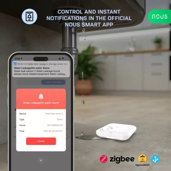 NOUS E13 ZigBee Water leakage or shortage sensor – Vízszivárgás vagy vízhiány-érzékelő, Zigbee, fehér