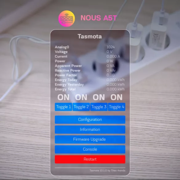 Nous A5T – fogyasztásmérős hoszabbítós elosztó,  Wi-Fi, Tasmota