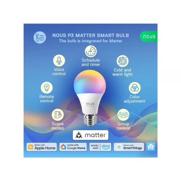 Nous P3 okos Tuya Wi-Fi RGB izzó (E27 foglalat), Matter kompatibilis (2 db)