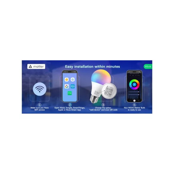Nous P3 – E27 RGB izzó, Tuya Wi-Fi, Matter