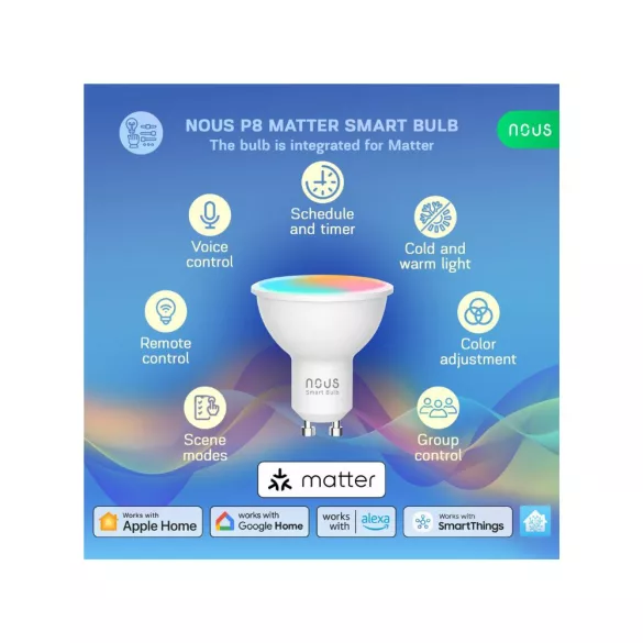 Nous P8 – GU10 RGB izzó, Tuya Wi-Fi, Matter (2 db)