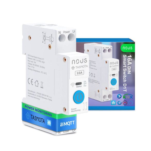 Nous D1T DIN-sín kompatibilis Wi-Fi-s fogyasztásmérős relémodul, Tasmota firmware, Matter kompatibilis, 16A
