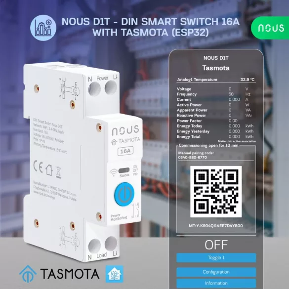 Nous D1T – DIN relémodul fogyasztásmérővel, Wi-Fi, Tasmota, Matter