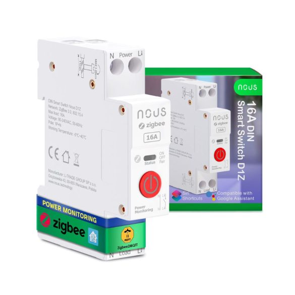 Nous D1Z DIN-sín kompatibilis Tuya Zigbee fogyasztásmérős relémodul 16A