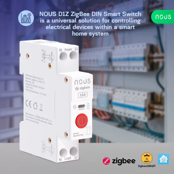 Nous D1Z – DIN relémodul fogyasztásmérővel, Tuya Zigbee