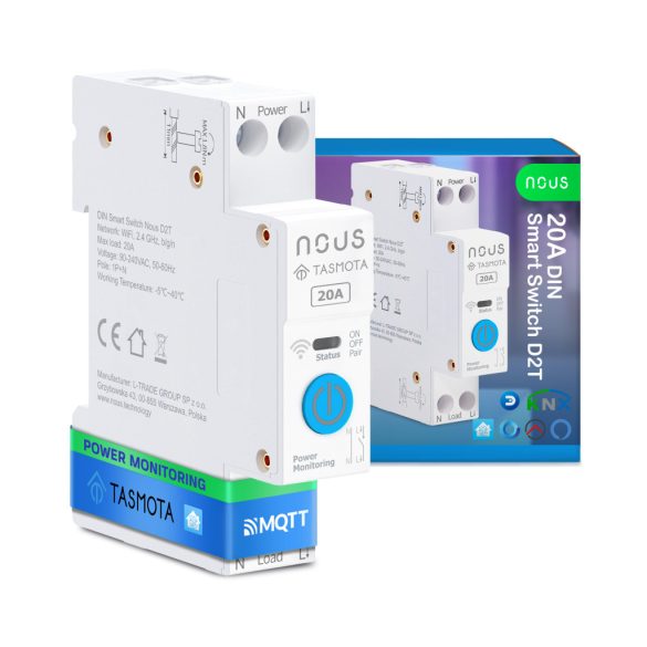 Nous D2T DIN-sín kompatibilis Wi-Fi-s fogyasztásmérős relémodul, Tasmota firmware, Matter kompatibilis, 20A