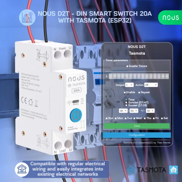 Nous D2T – DIN relémodul fogyasztásmérővel, Wi-Fi, Tasmota, Matter