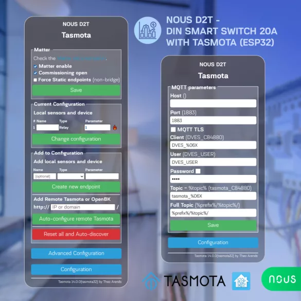 Nous D2T – DIN relémodul fogyasztásmérővel, Wi-Fi, Tasmota, Matter