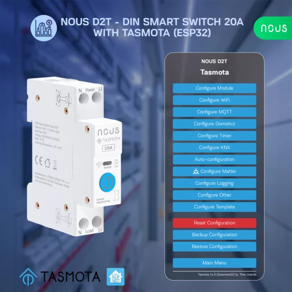 Nous D2T – DIN relémodul fogyasztásmérővel, Wi-Fi, Tasmota, Matter