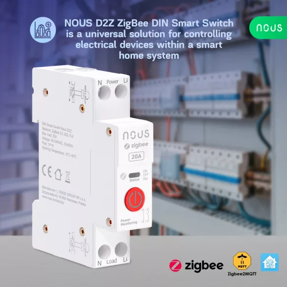 Nous D2Z – DIN relémodul fogyasztásmérővel, Tuya Zigbee