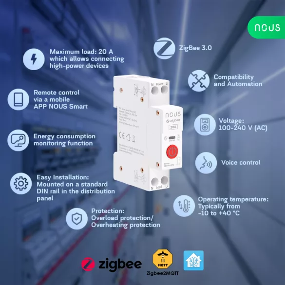 Nous D2Z – DIN relémodul fogyasztásmérővel, Tuya Zigbee