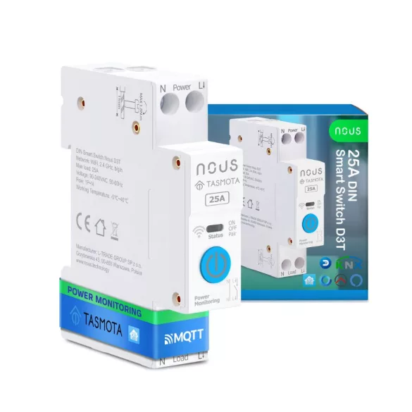 Nous D3T – DIN relémodul fogyasztásmérővel, Wi-Fi, Tasmota, Matter