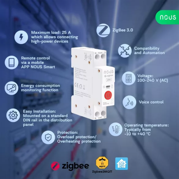 Nous D3Z – DIN relémodul fogyasztásmérővel, Tuya Zigbee