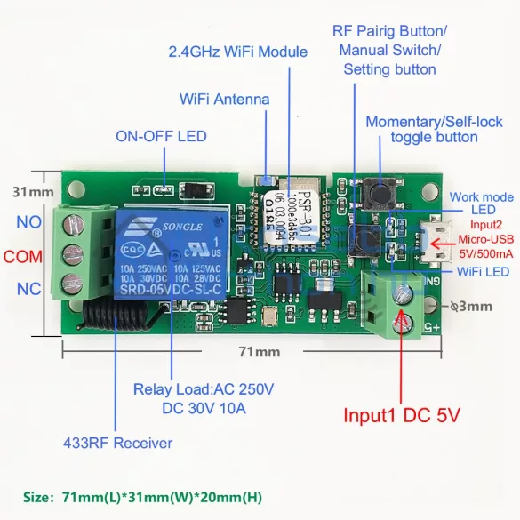 SmartWise 5V 1 Áramkörös Relé (Wi-Fi + RF)
