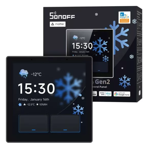 SONOFF NSPanel Pro Gen2 Smart Home Control Panel –  vezérlő panel két áramkörös kapcsolóval, Wi-Fi, Zigbee, Matter, Bluetooth, fekete (NSPanel86PB-Relay)