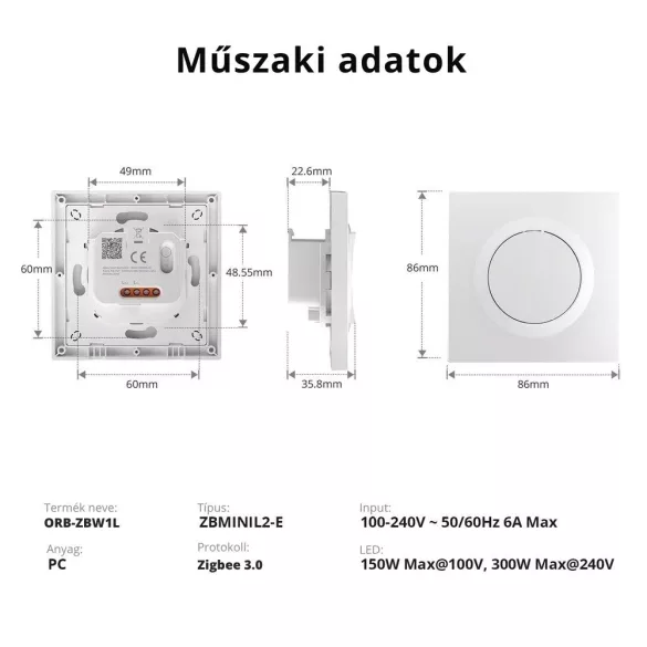 SONOFF Fusion Orb-ZBW1L –  Zigbee okos fali kapcsoló, nullavezeték nélkül (ZBMINIL2-E)