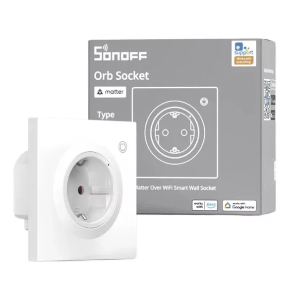 Sonoff Orb Socket Matter Over WiFi Smart Wall Socket  – okos fali dugalj Fusion Orb kerethez, fogyasztás méréssel, Wi-Fi, Matter, fehér (WS01TPF-E)