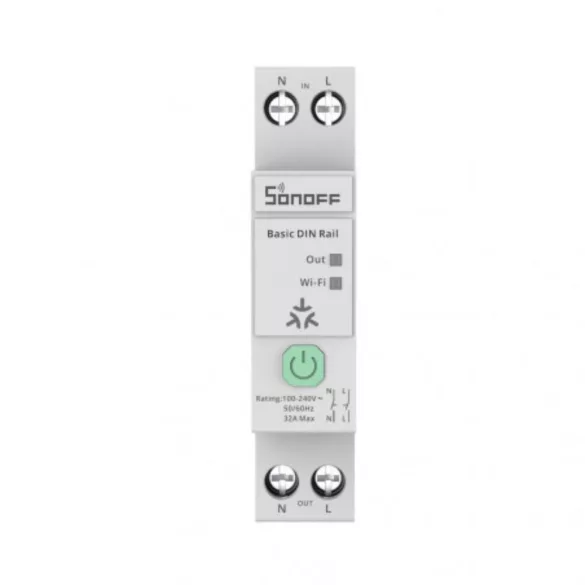 Sonoff Basic DIN Rail  – DIN-sínre szerelhető 32A okos relémodul fogyasztásméréssel, WiFi, Bluetooth , Matter (BASIC-1GSP)