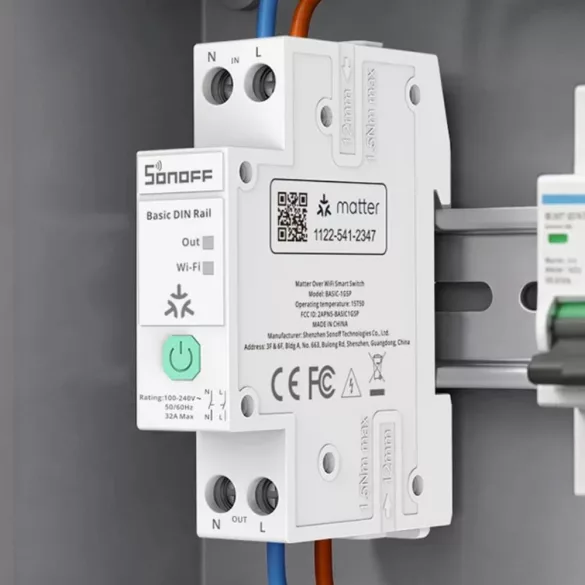 Sonoff Basic DIN Rail  – DIN-sínre szerelhető 32A okos relémodul fogyasztásméréssel, WiFi, Bluetooth , Matter (BASIC-1GSP)