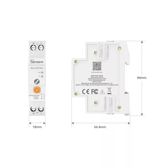 Sonoff Basic DIN Rail – relé modul, 1 áramkörös, fogyasztásmérő, DIN-sínes, 32A, Zigbee, Bluetooth (BASIC-ZB1GSP)